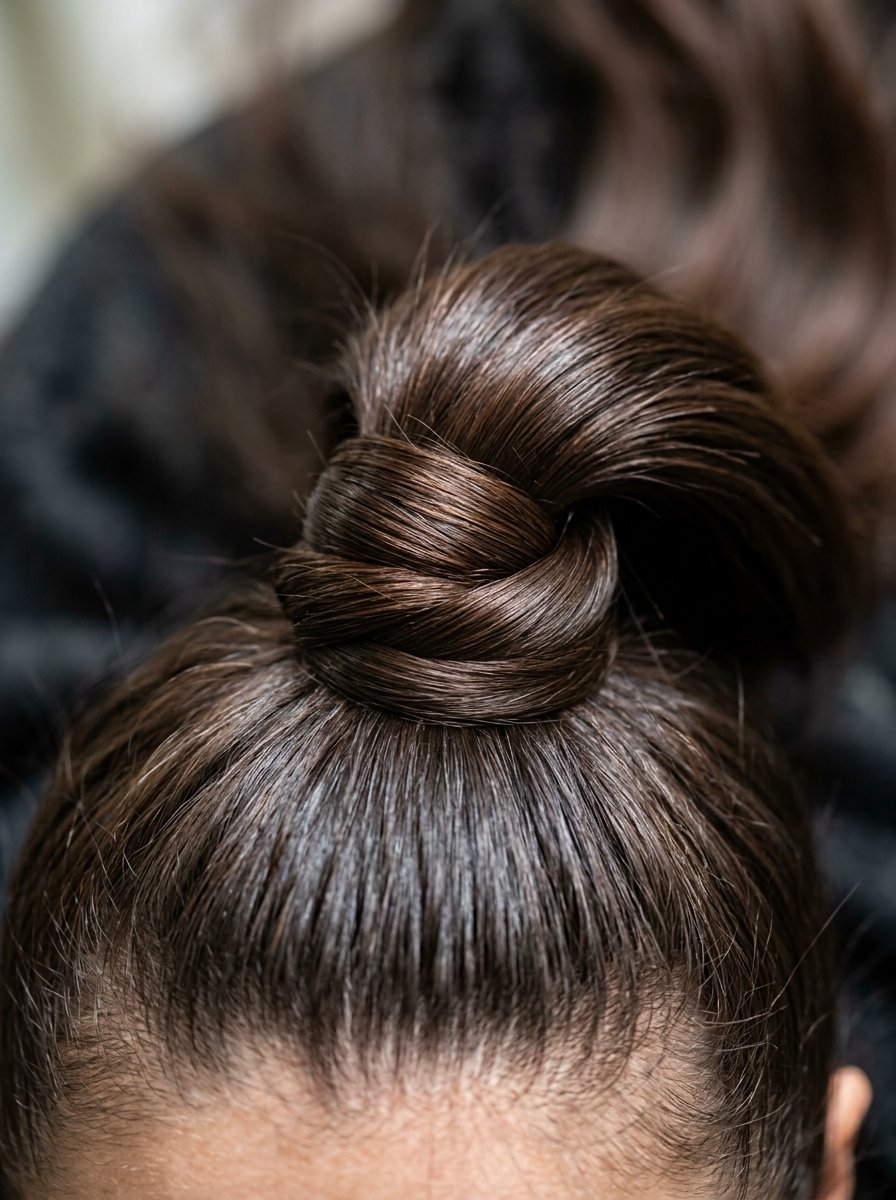 Close-up of a person with shiny dark brown hair styled into a neat, tight top knot bun.