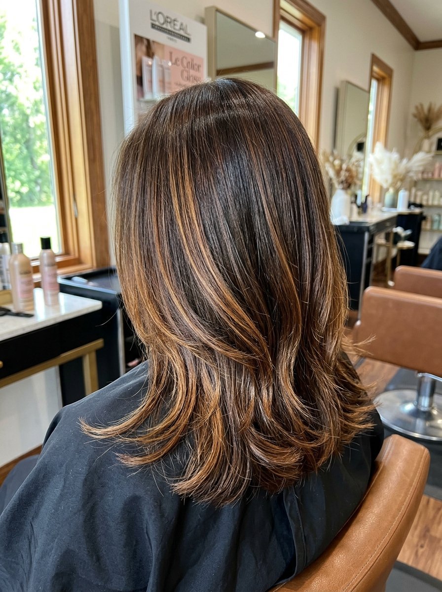 A woman's brown hair with caramel highlights styled with loose waves in a professional salon chair.