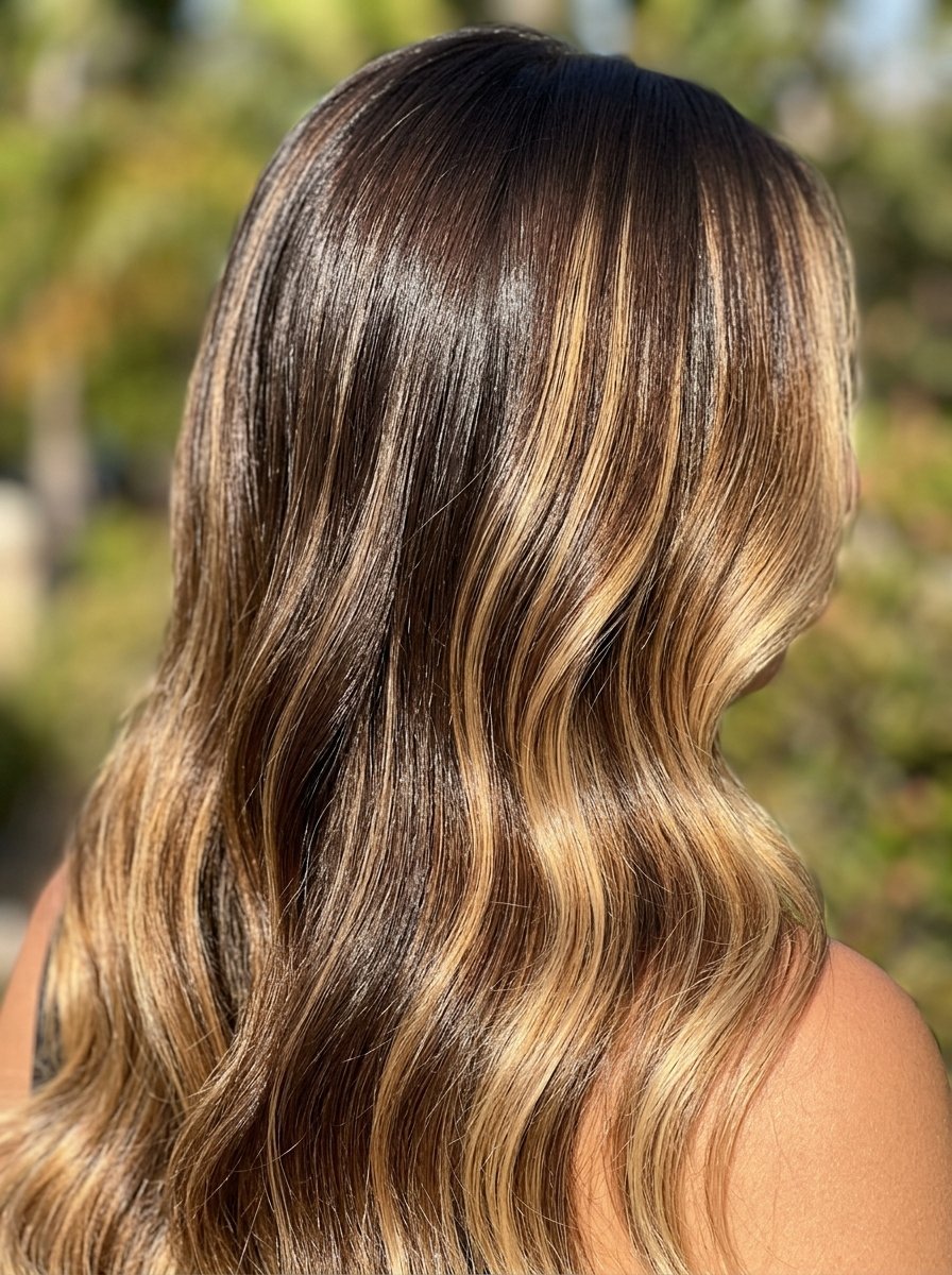 Close-up of wavy brunette hair with bright blonde balayage highlights in natural light.