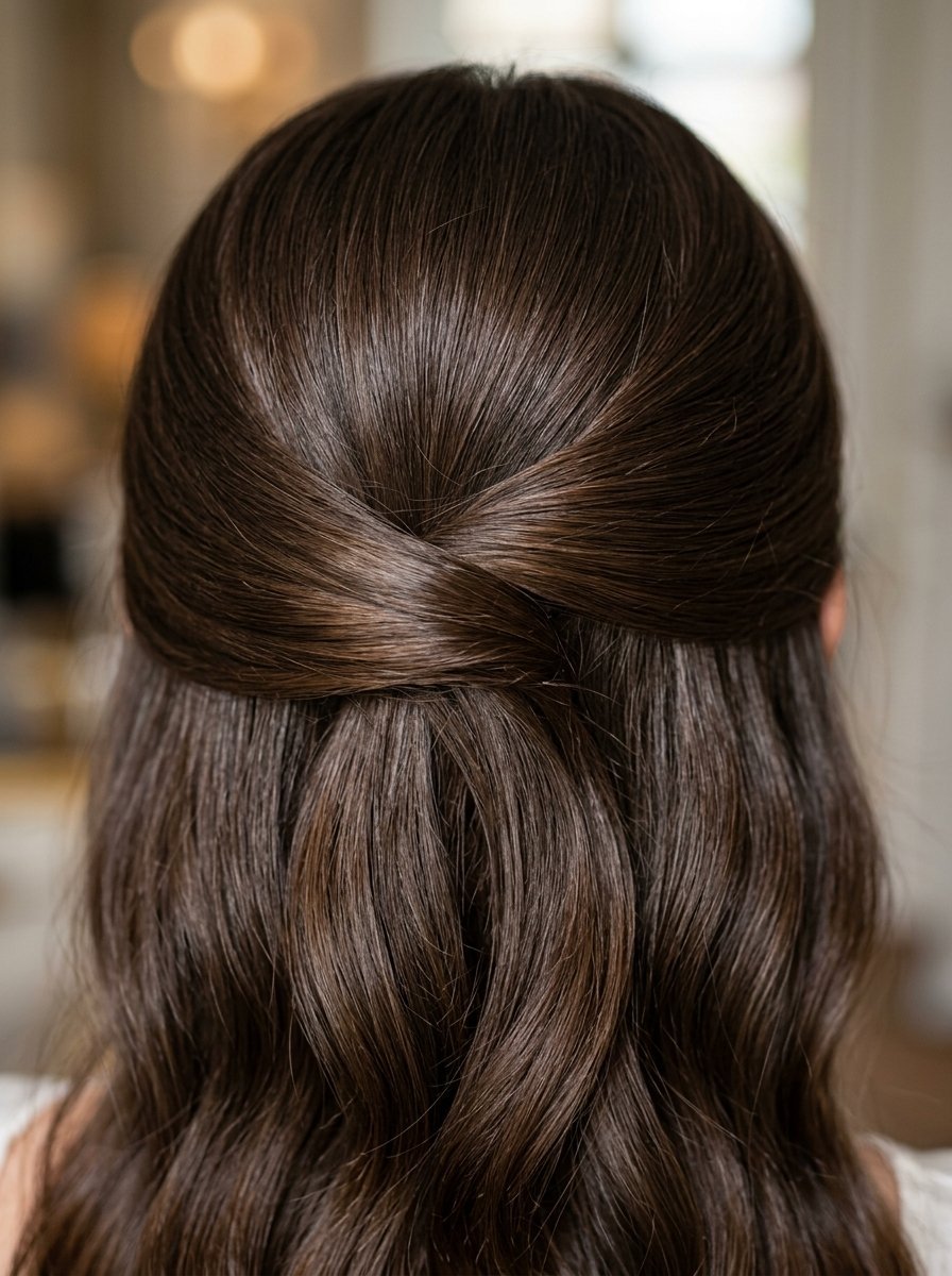 Close-up back view of a woman with long brown hair styled in a smooth, twisted half-up look.