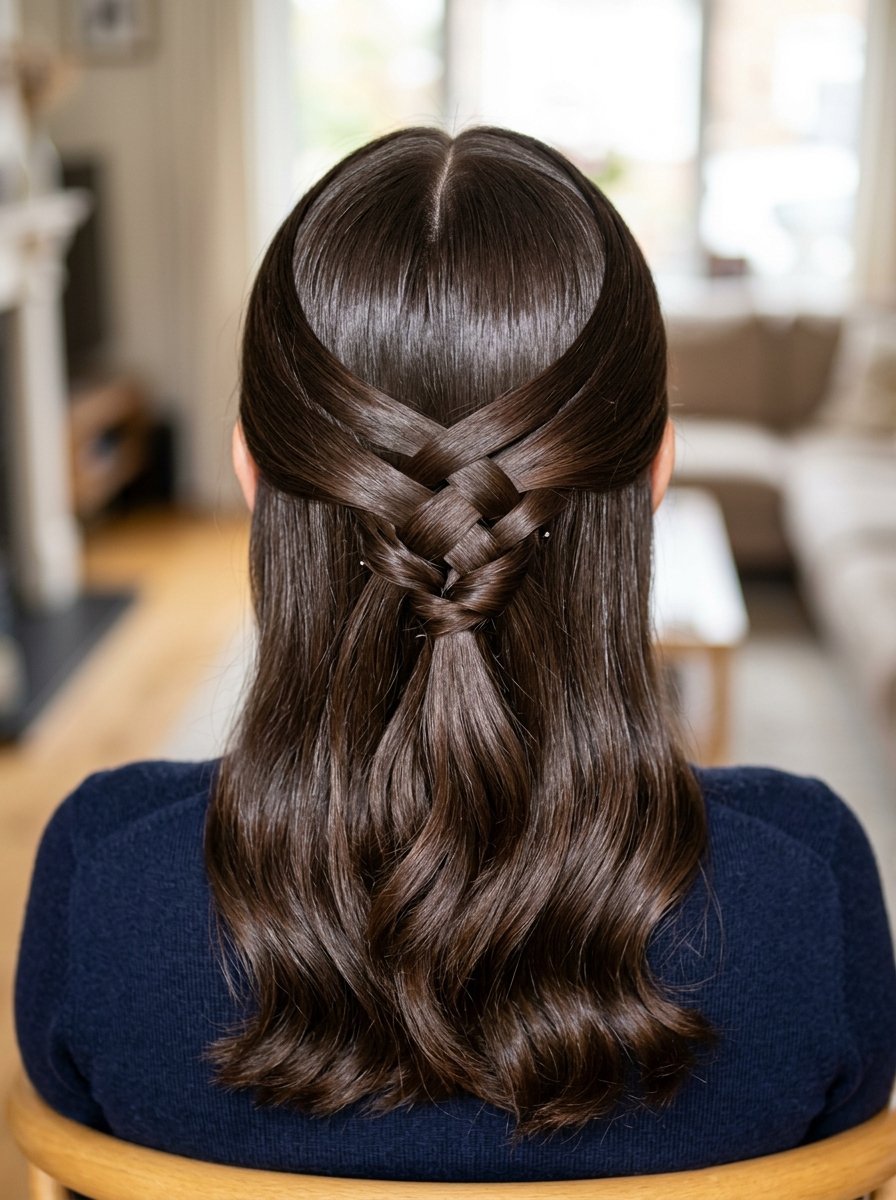 A close-up back view of dark brown hair styled with an intricate woven half-up braid.