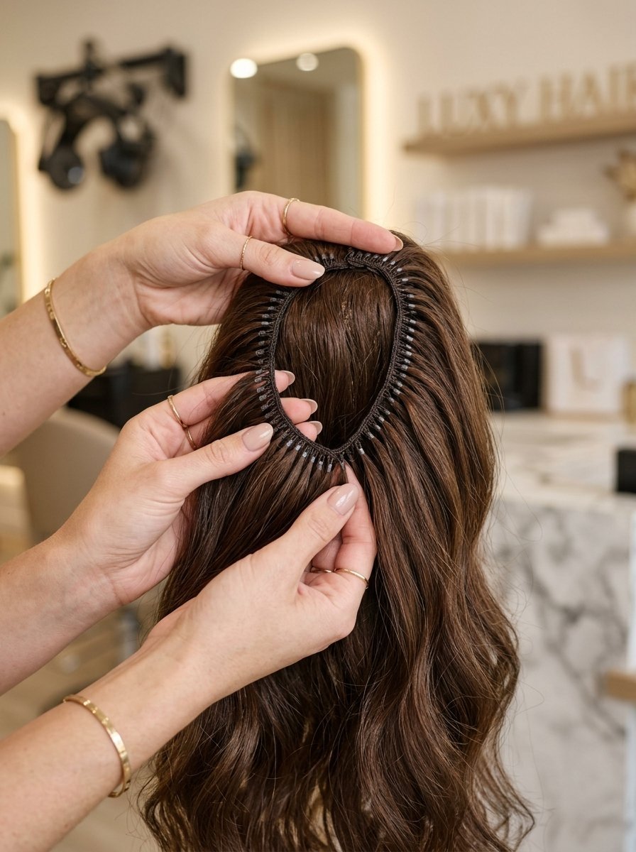 Close up of hands positioning a brown halo-style hair extension piece on a mannequin or client's head.