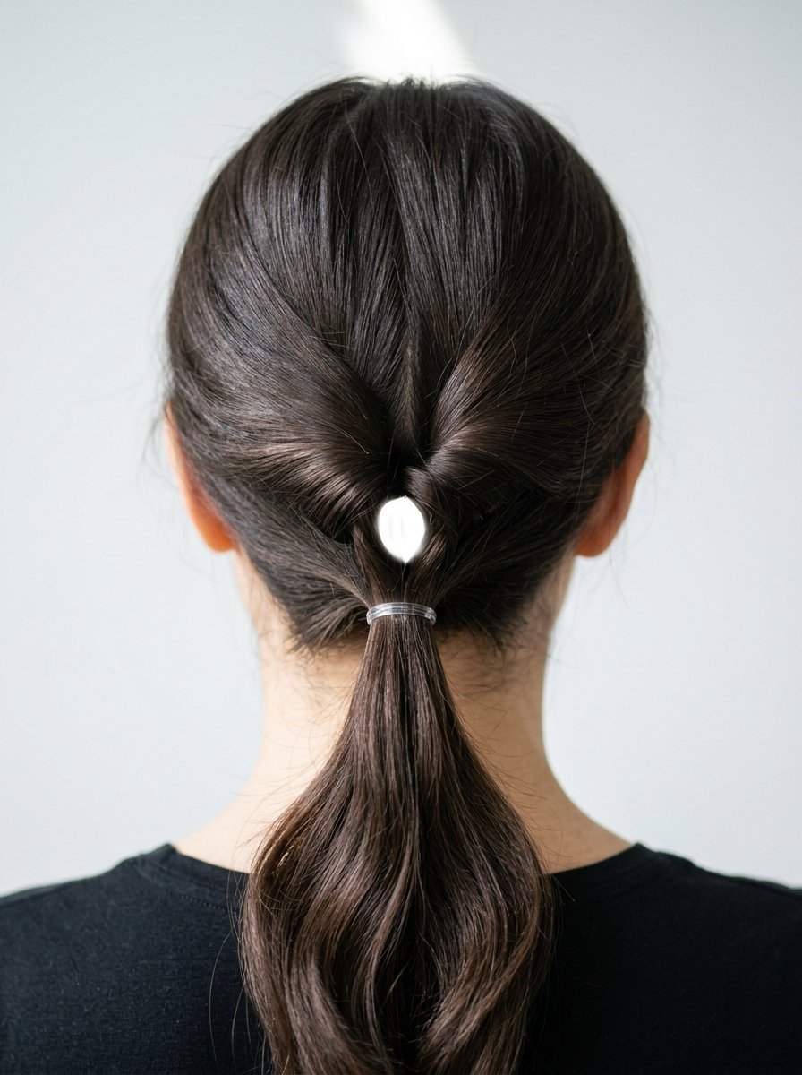 Back view of a woman with dark brown hair styled in a simple twisted low ponytail.