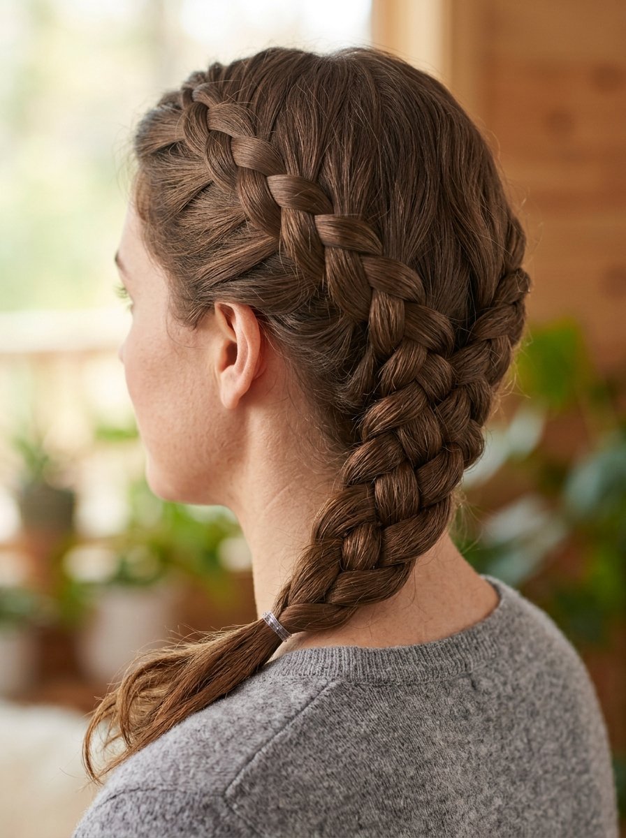 Back view of a woman wearing a thick, braided hairstyle swept to the side.