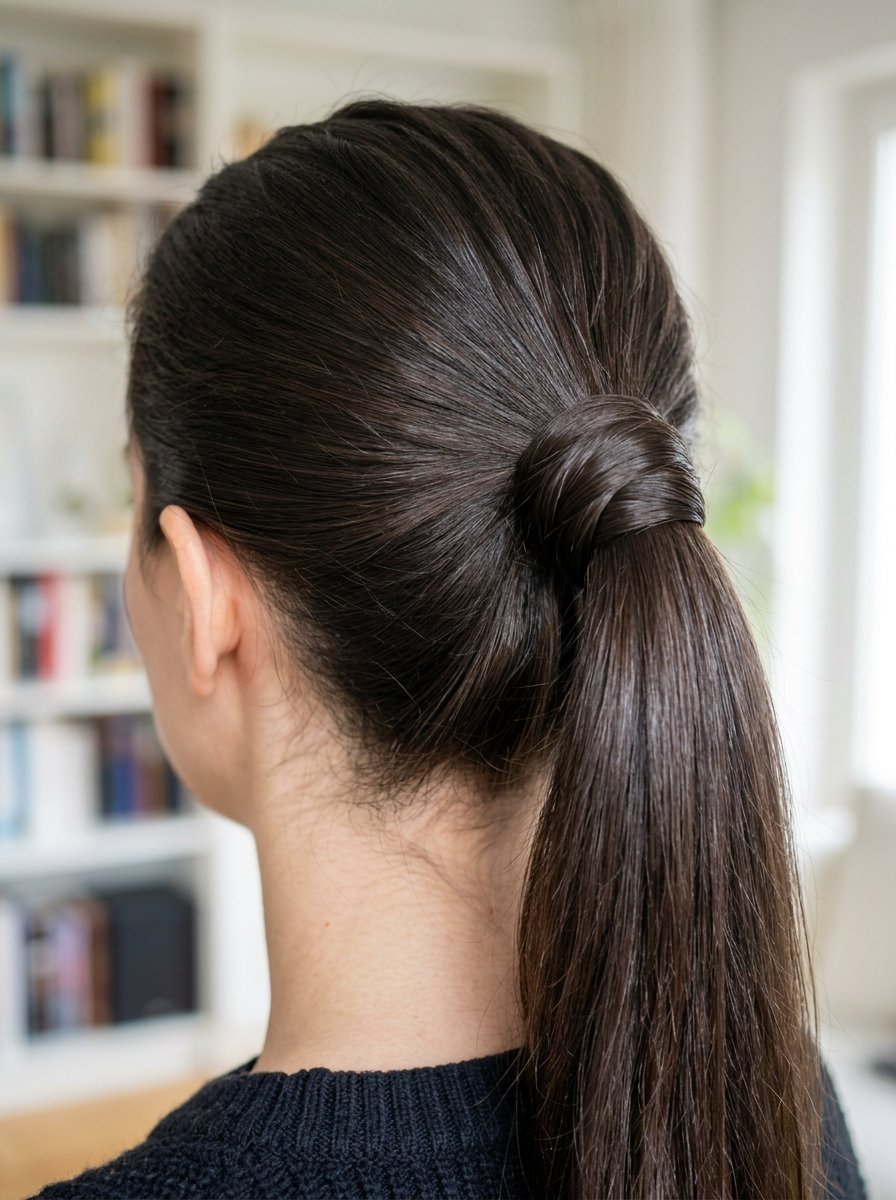 Back view of a person with straight brown hair tied back with a piece of hair concealing the elastic.