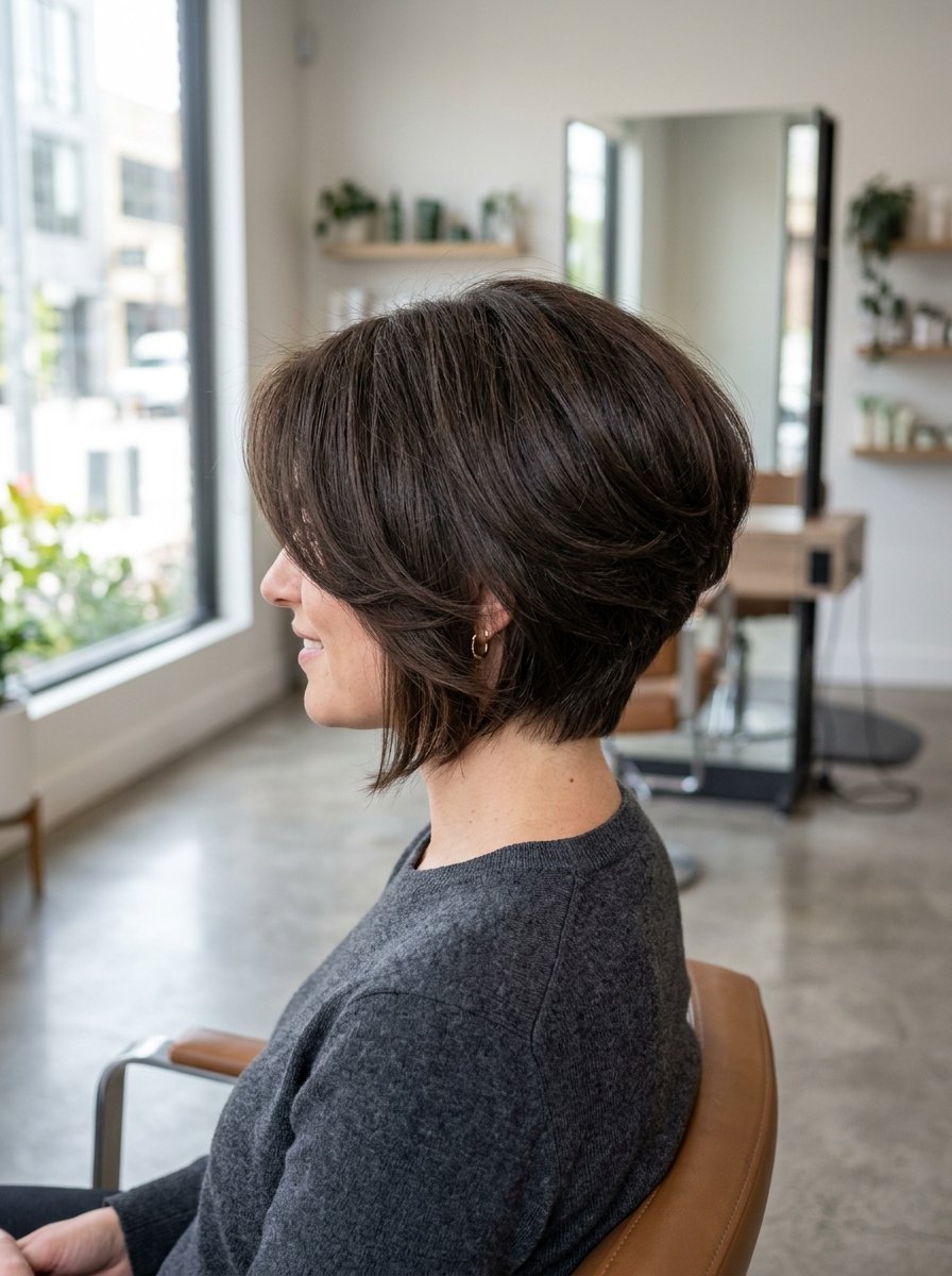 Side profile of a woman in a salon chair showcasing a dark brown layered bob with volume.