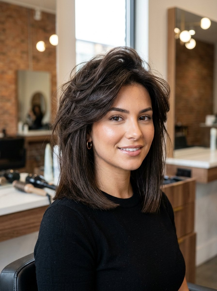 Close up of a woman with shoulder-length dark brown hair styled with heavy layers in a salon chair.