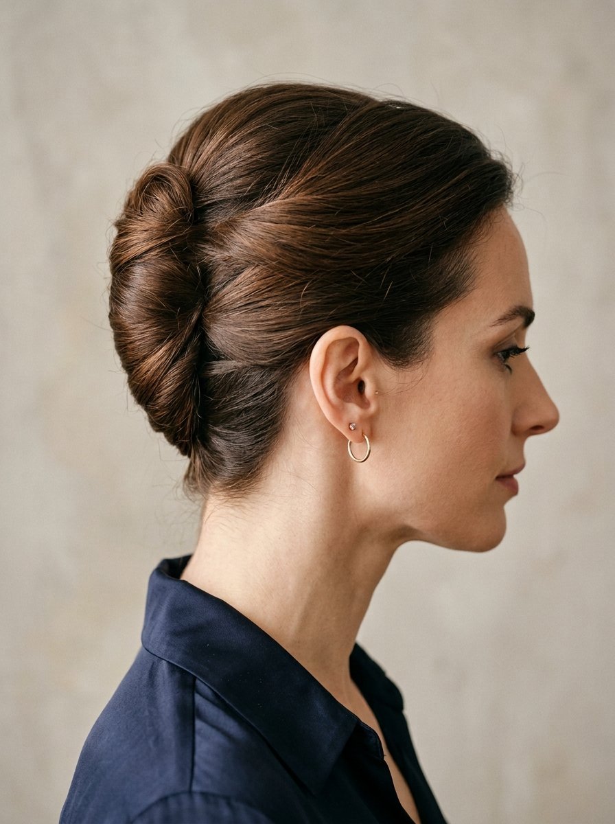 Side view of a brunette woman wearing a polished, twisted updo hairstyle with gold hoop earrings.