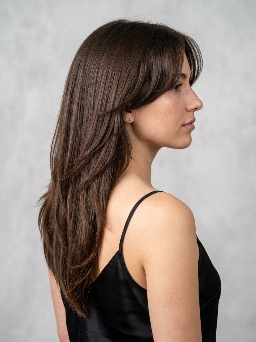 Young woman in a black tank top showing her brunette hairstyle with soft face-framing layers.