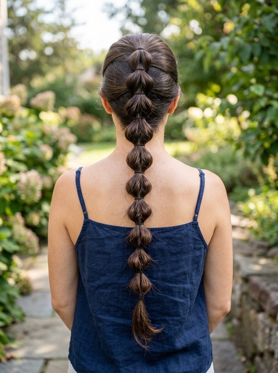 Back view of a woman with long brown hair styled into a segmented bubble ponytail standing in a garden.