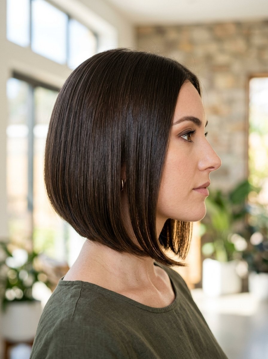 Side profile of a woman with dark, straight hair styled in a chic bob cut.