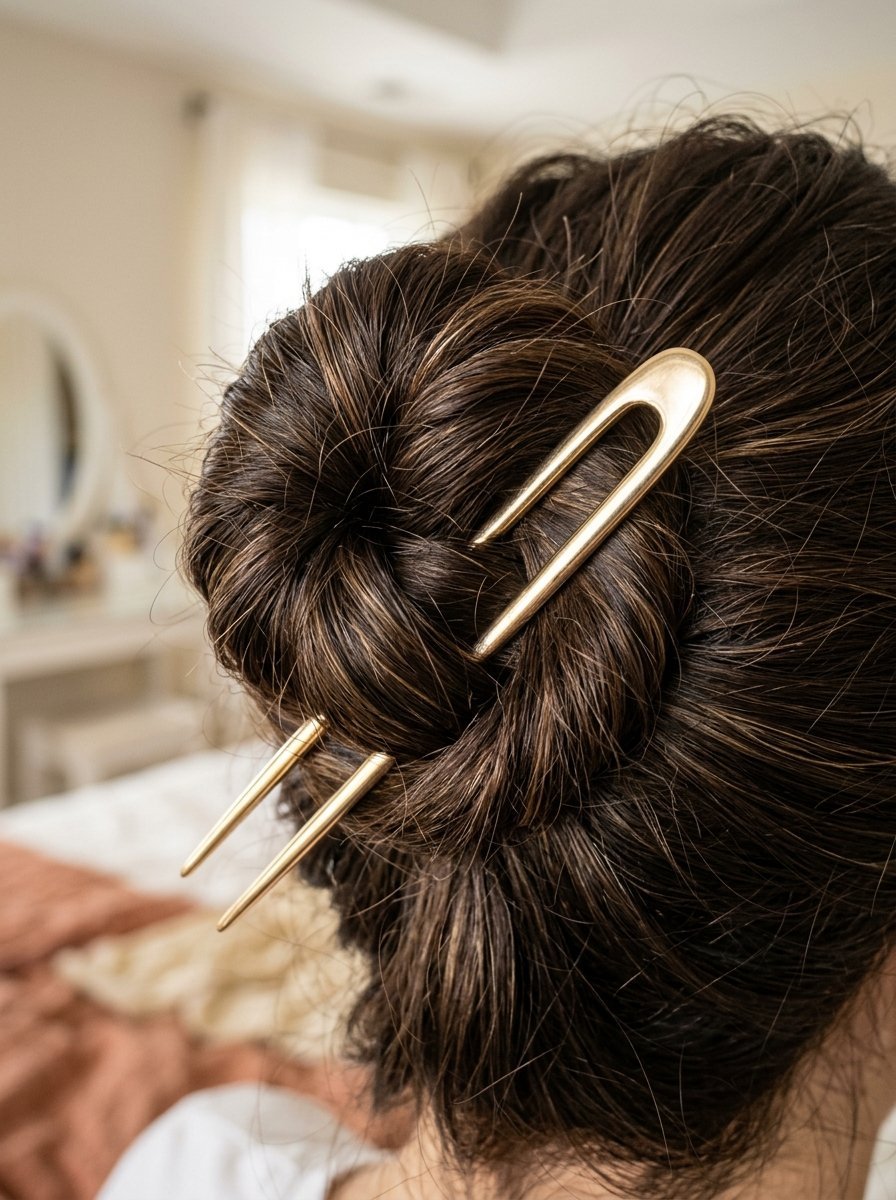 Close up of dark brown hair styled in a bun held securely by a simple minimalist gold hair fork.