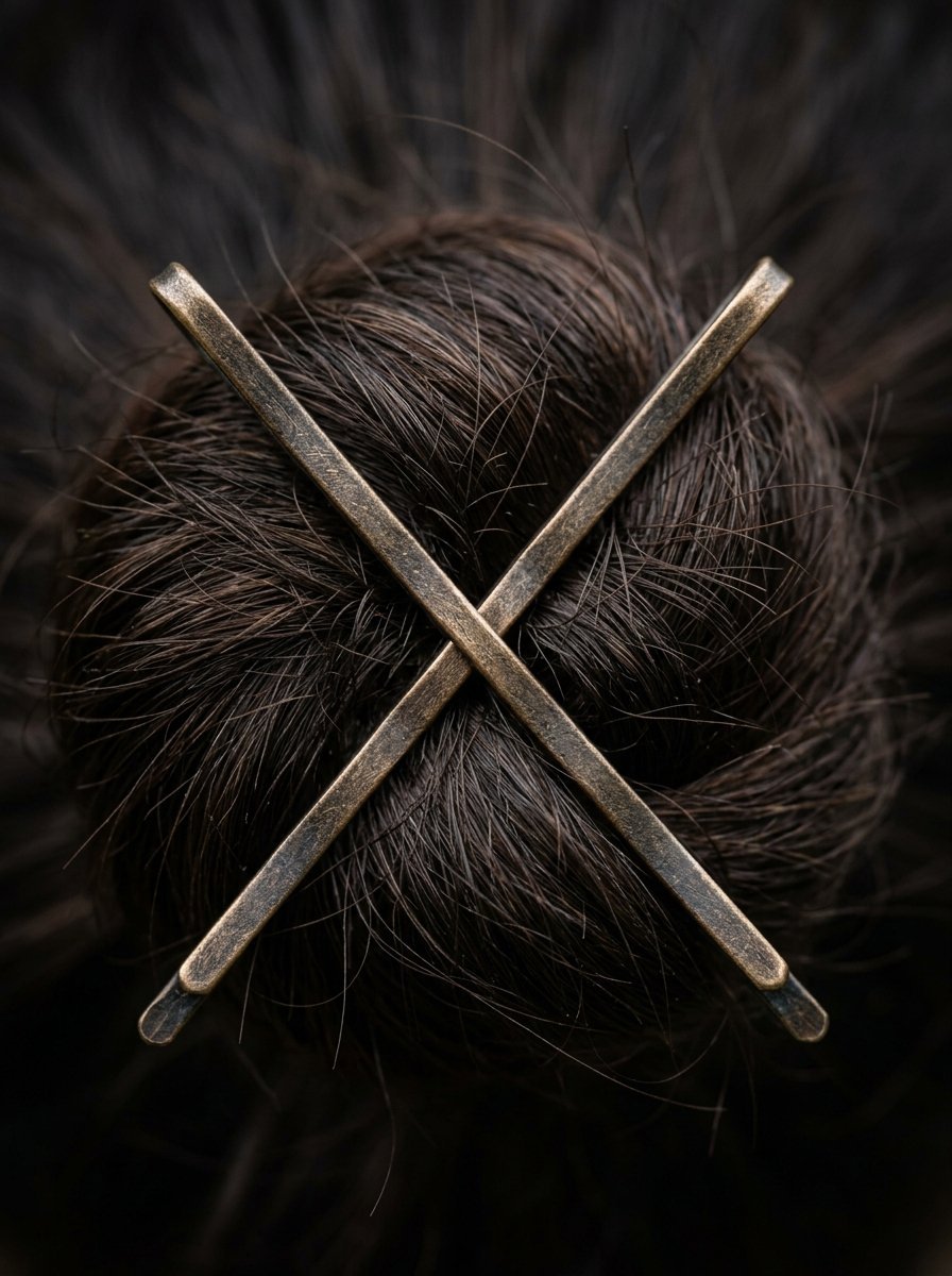 Two metallic hair pins placed in an X shape over a neatly styled dark brown hair bun.