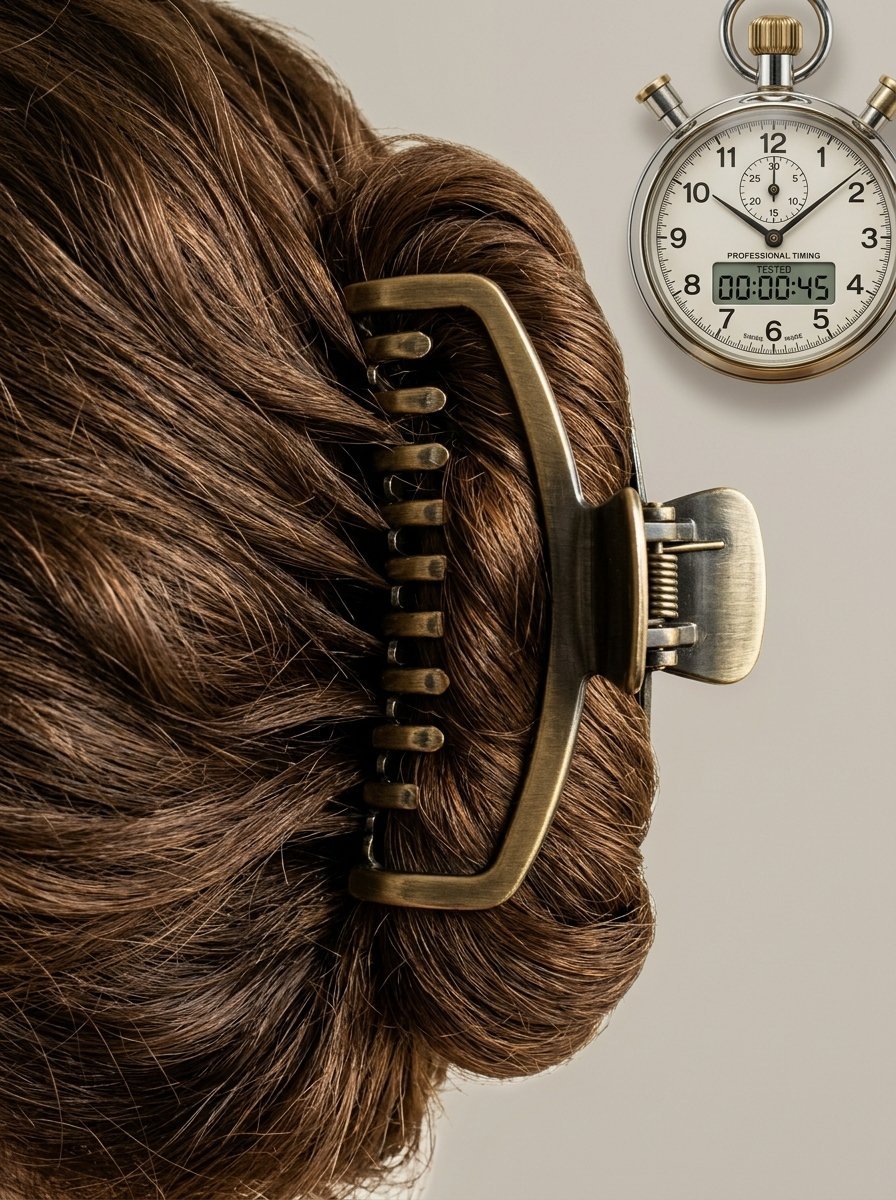 Close up of brown hair held in an updo by an antique brass colored claw clip next to a digital stopwatch.