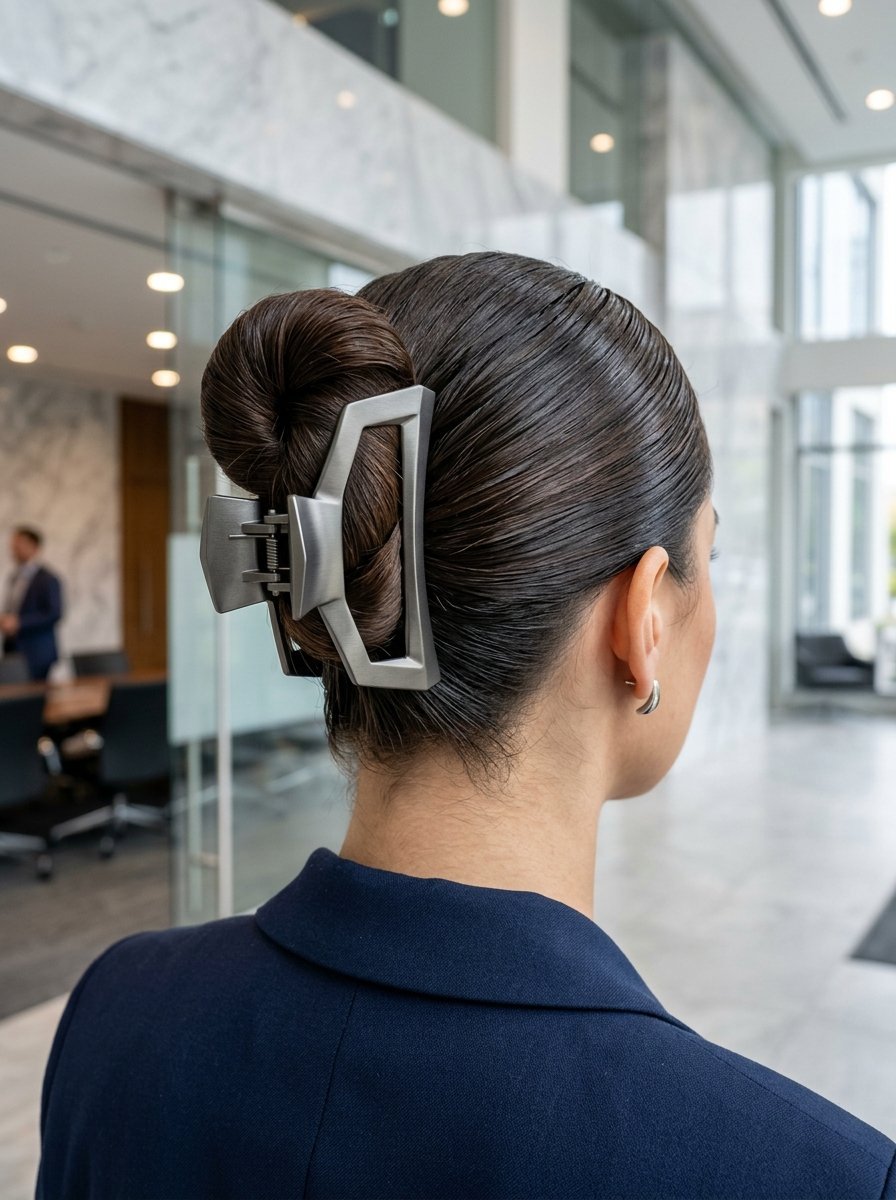 Close-up back view of a woman with a dark bun secured by a modern metallic claw clip in an office.