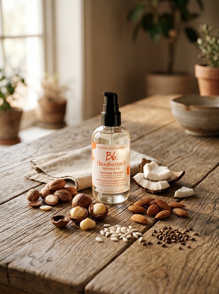 A clear pump bottle of hair oil sits on a wooden table next to piles of macadamia, almond, and coconut pieces.