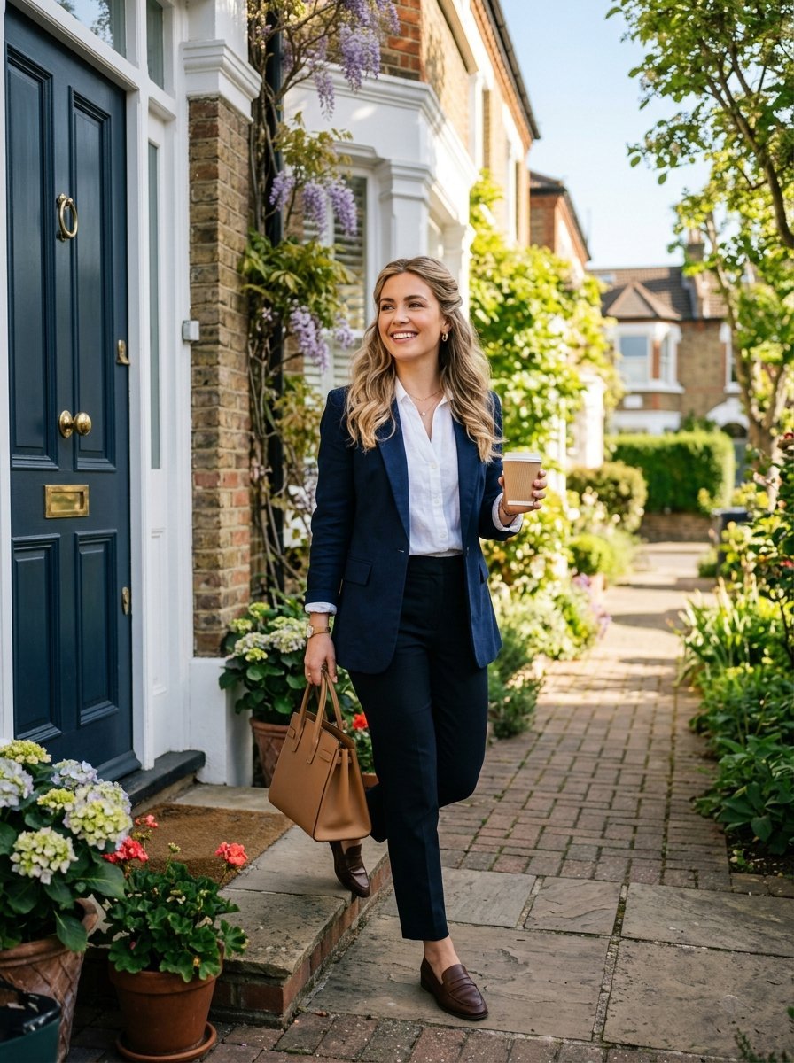 A blonde woman in a navy blazer and white shirt holding a coffee cup and leather tote bag outdoors.