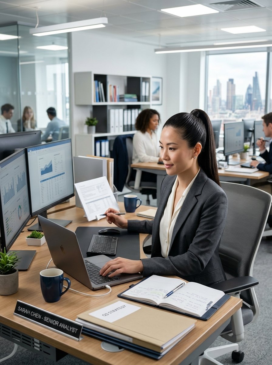 Professional woman with a ponytail typing on a laptop with charts visible on computer monitors in a city office.