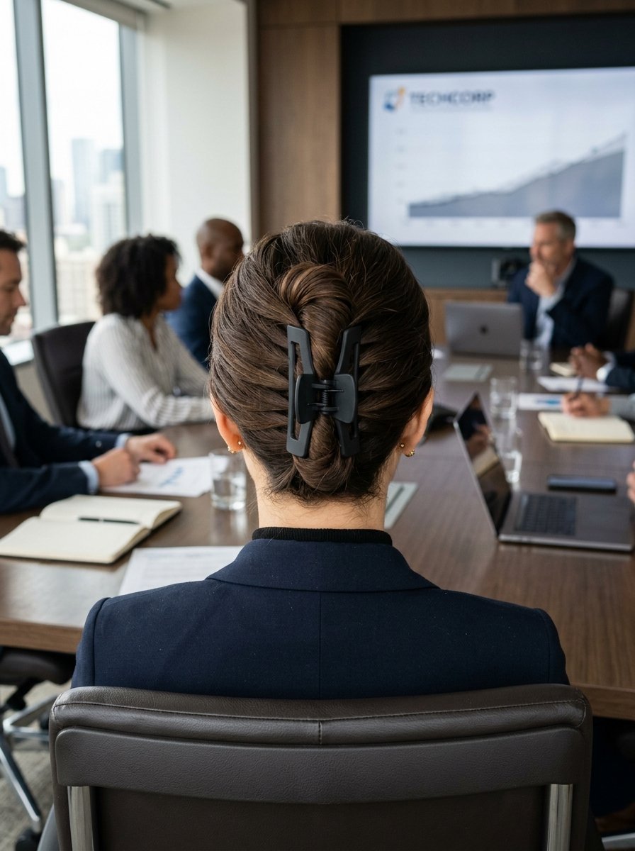Close-up of a person with a brown hair claw clip sitting at a boardroom table with colleagues.