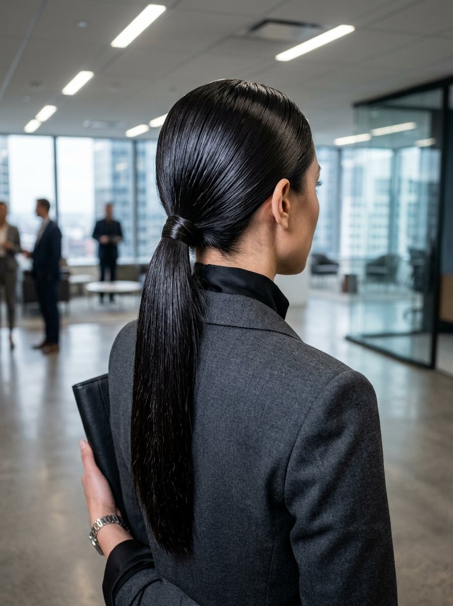 Rear view of a female professional in a grey suit wearing a polished ponytail in an office setting.