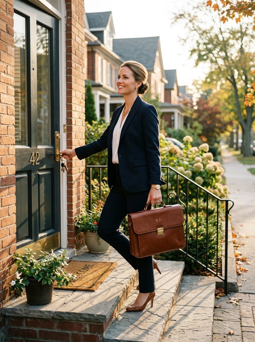 A smiling woman in a business suit holding a monogrammed leather briefcase while unlocking a house door.