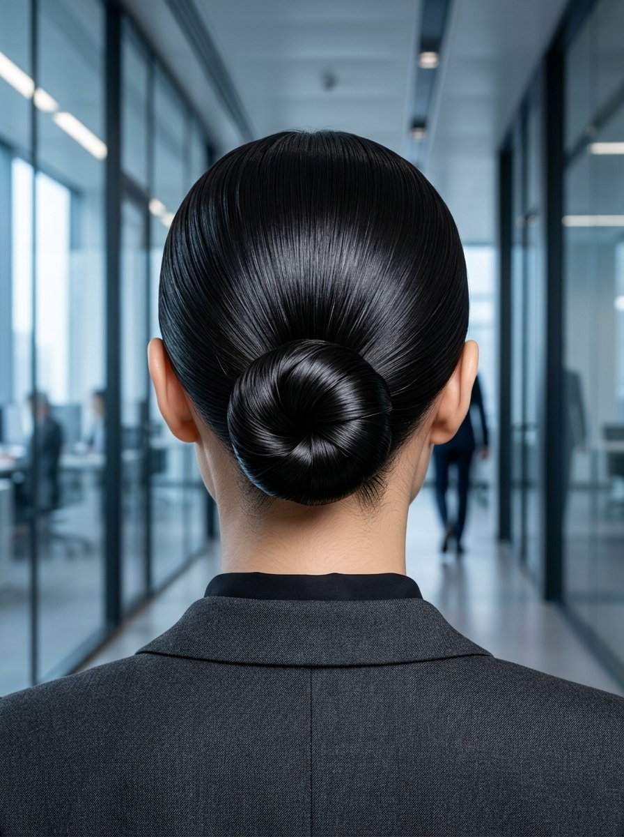 Close-up of a person with dark, sleek hair styled in a neat bun, wearing a formal charcoal grey blazer.