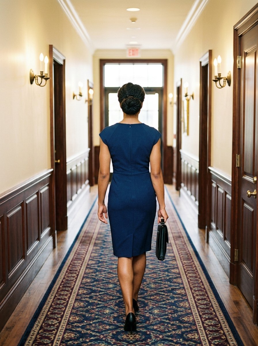 Back view of a woman with braided hair wearing a navy dress walking down a carpeted hotel or office hallway.