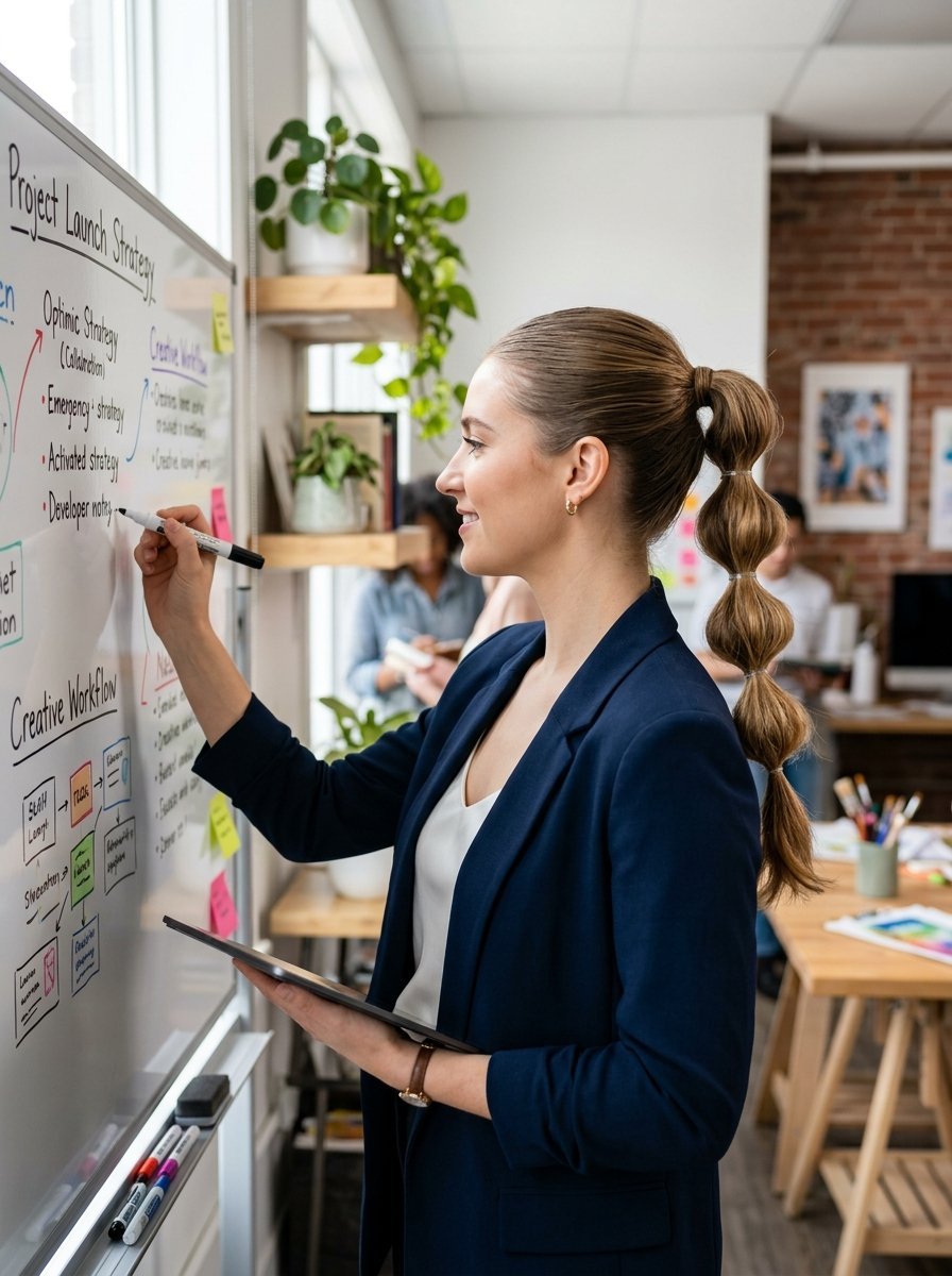A woman in a navy blazer writes notes on a whiteboard during a team meeting in a modern office.