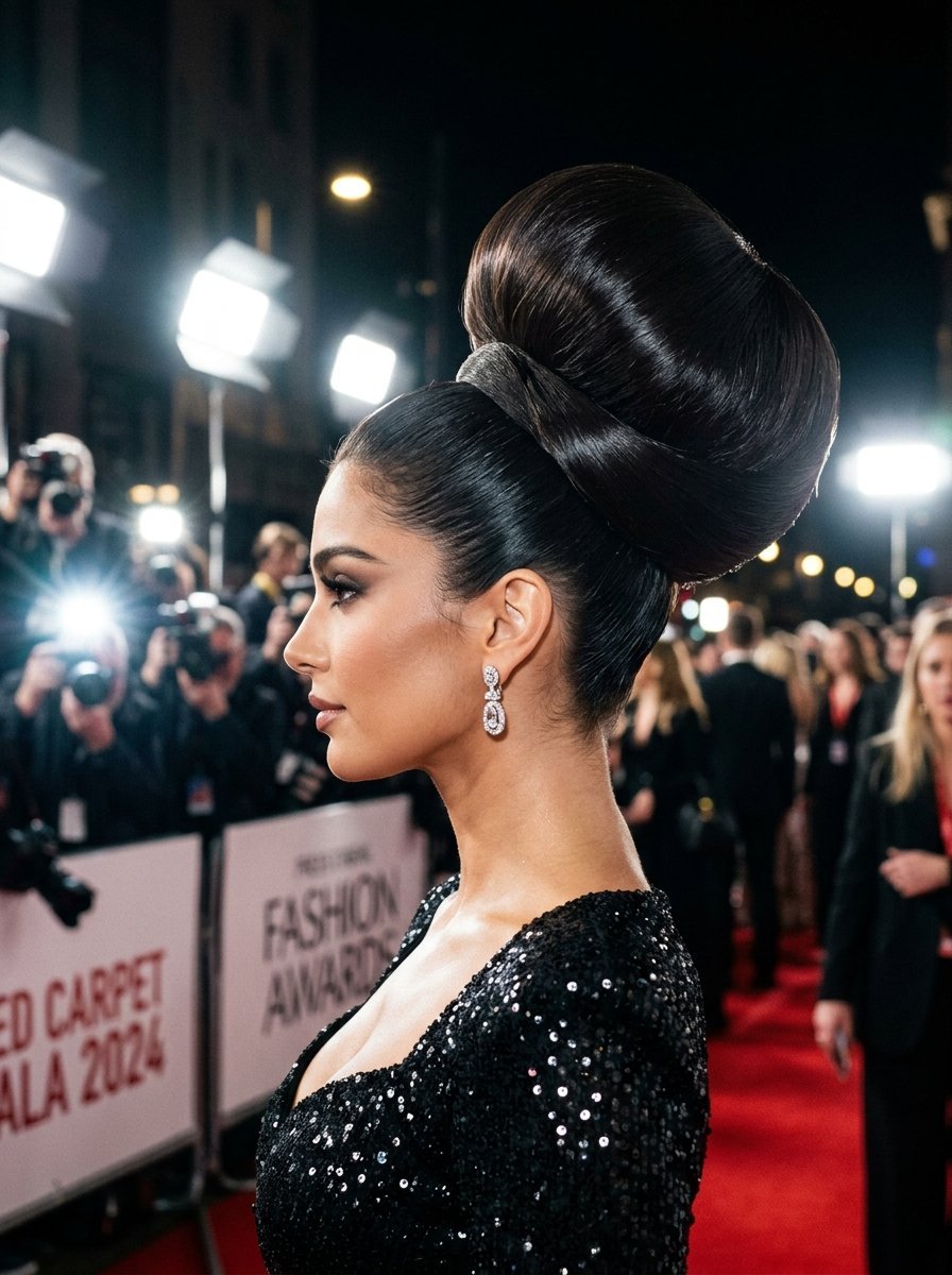 Side view of a woman wearing a sparkling black dress and a very large, sleek high bun hairstyle at a gala.