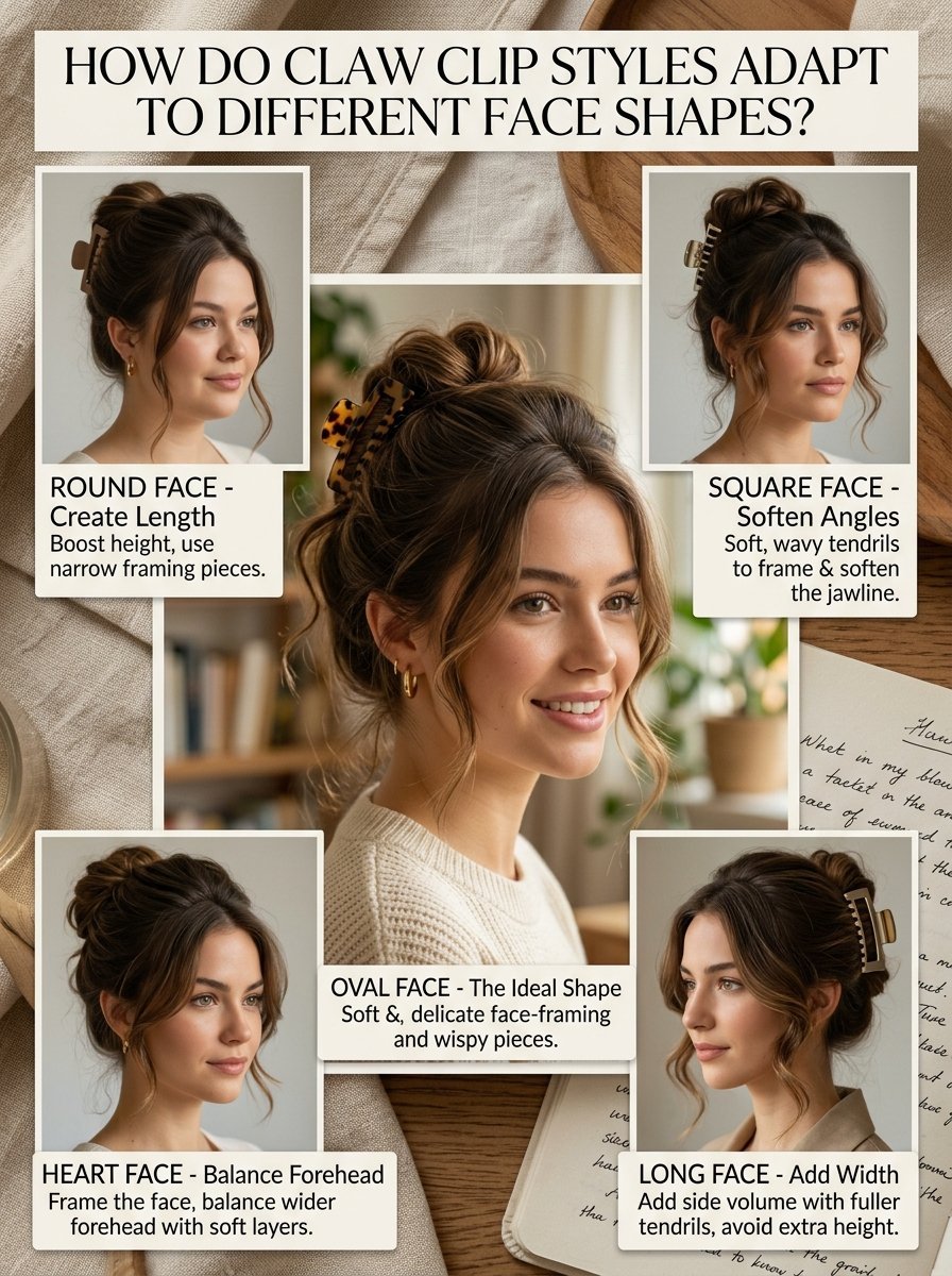 An infographic showing how to style hair with claw clips for round, square, oval, heart, and long face shapes.