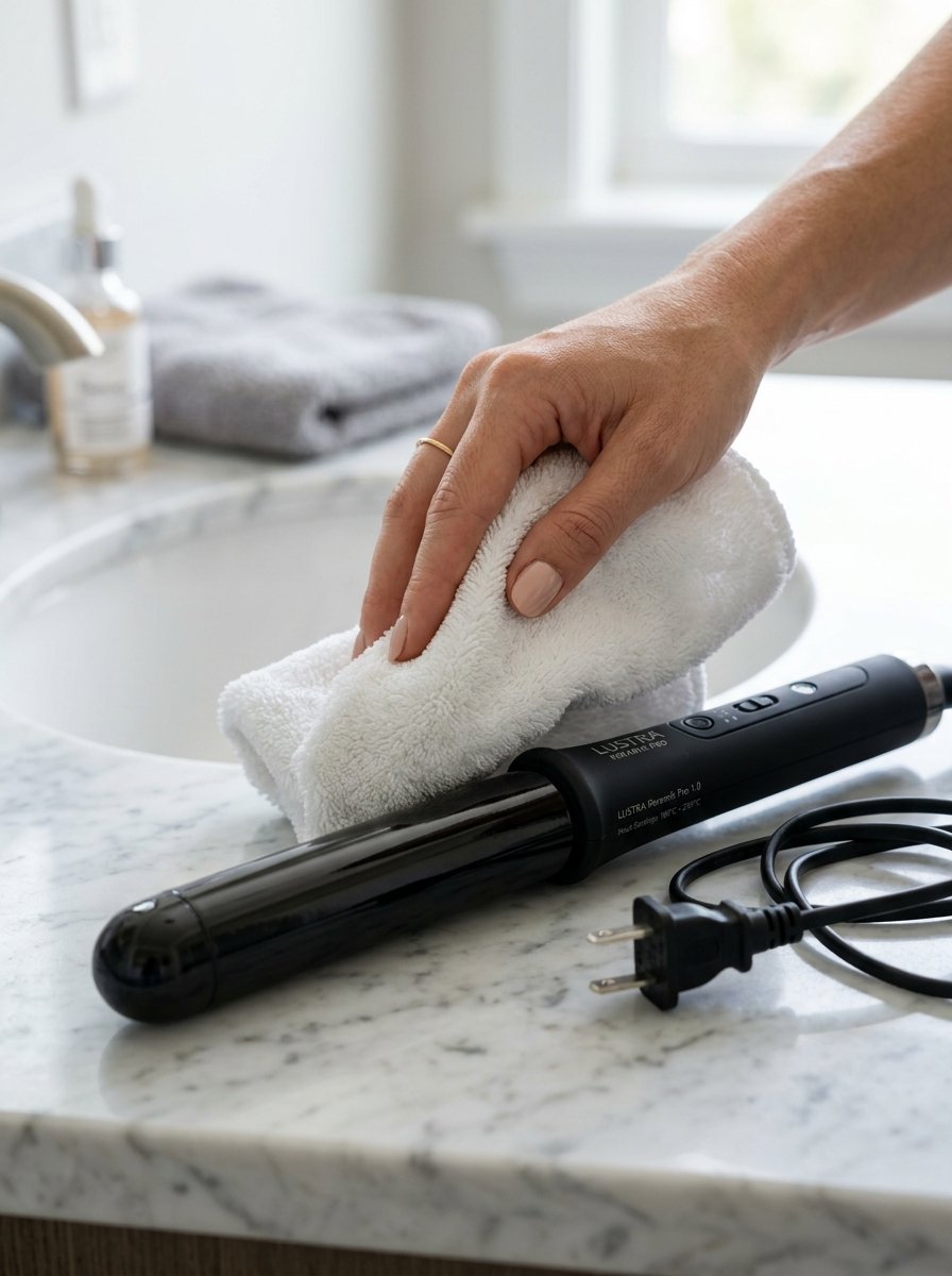 Hand cleaning a professional hair styling tool with a white cloth on a marble bathroom countertop.