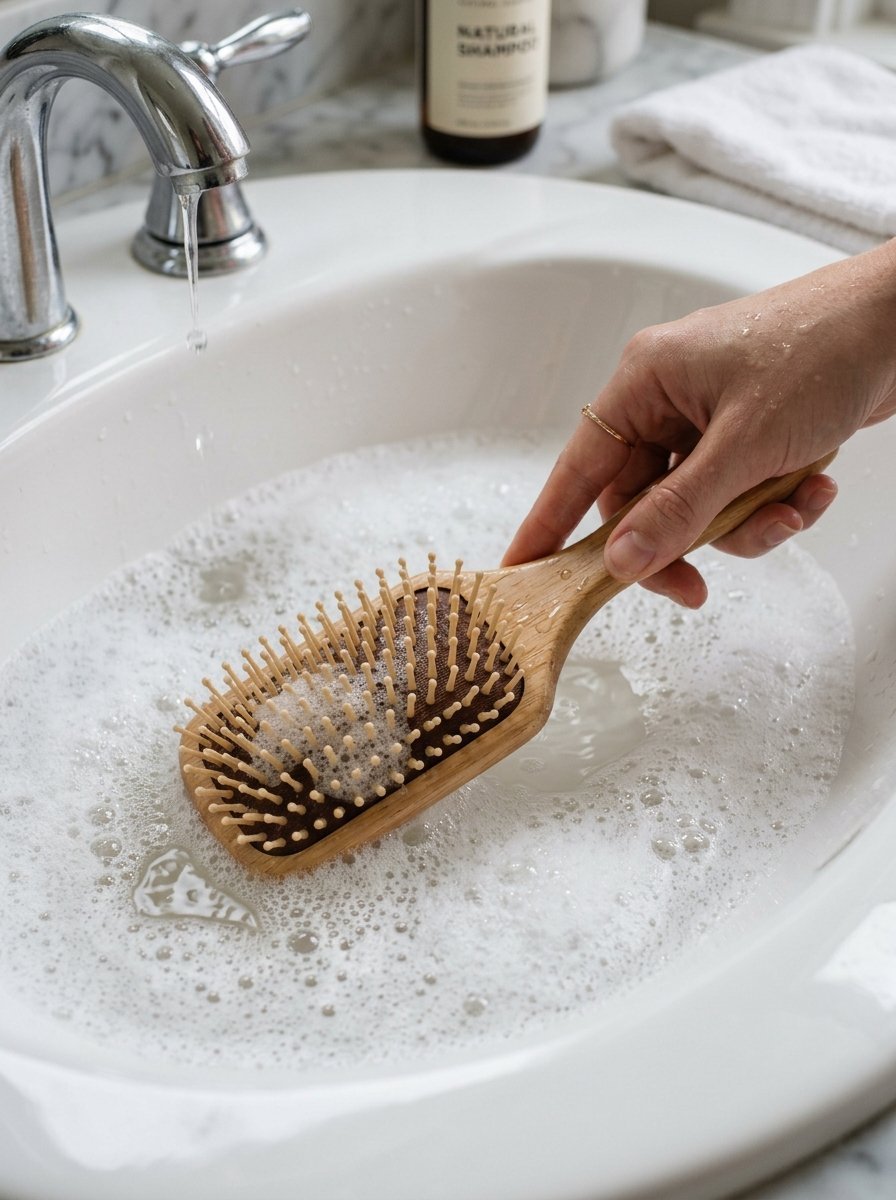 Hand washing a bamboo hair brush covered in soap suds inside a white marble bathroom sink.