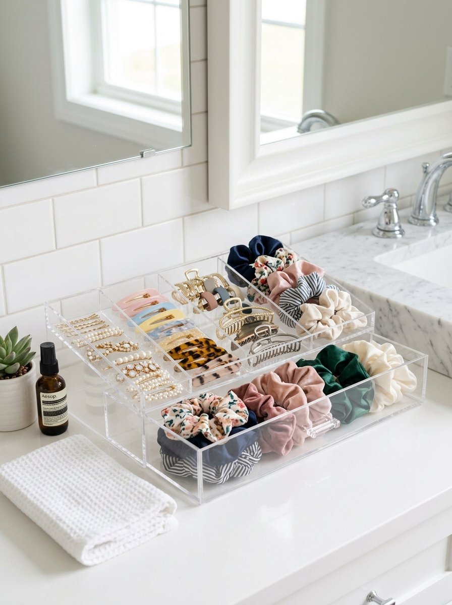 A transparent vanity organizer filled with pearl hair clips, metal claws, and colorful velvet scrunchies.