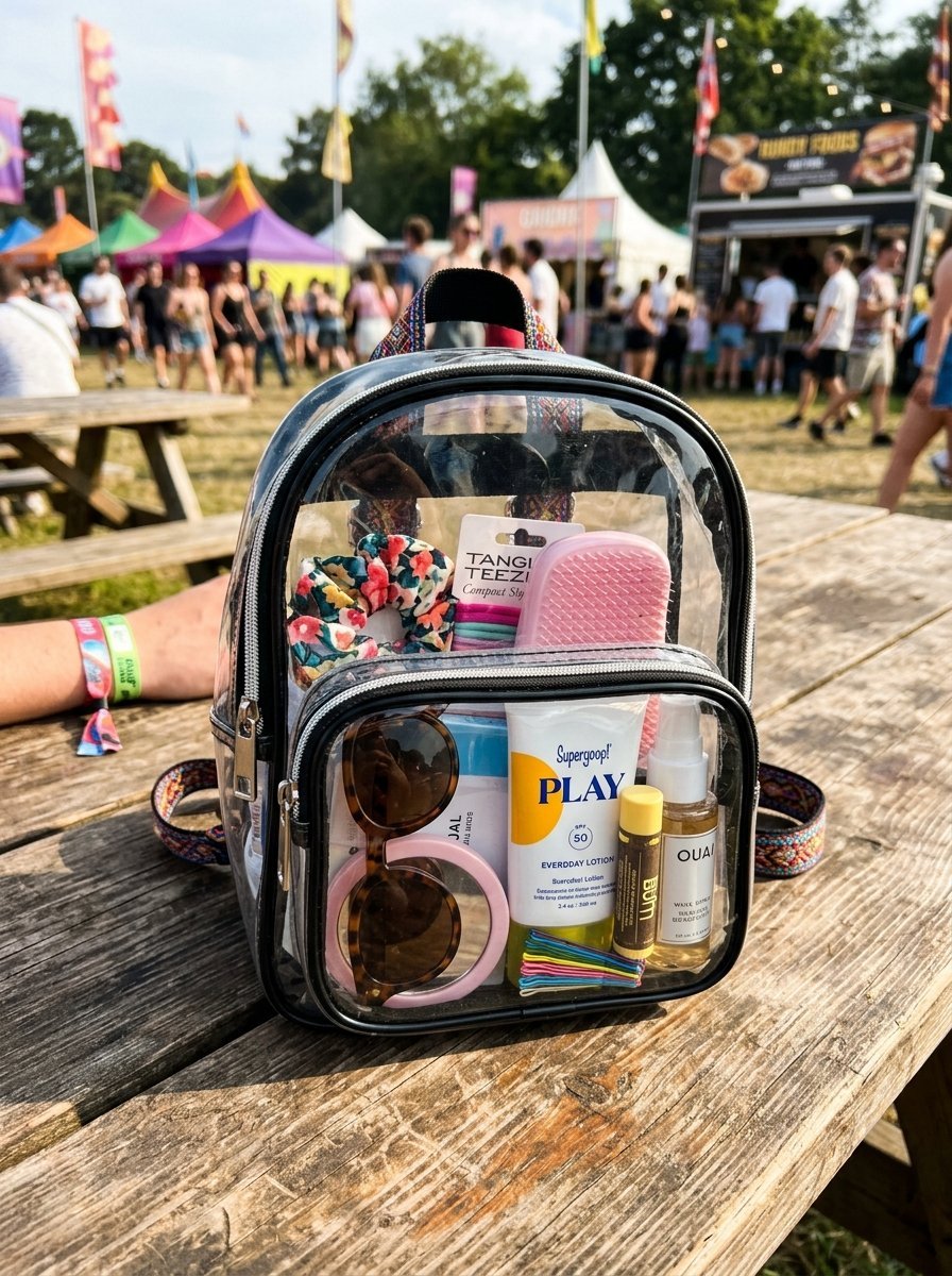 Transparent backpack filled with sunscreen, hairbrush, sunglasses, and hair accessories at an outdoor music festival.
