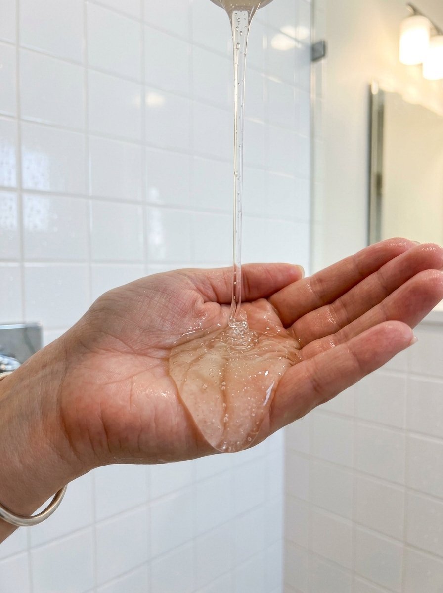 Thick clear gel dripping from a container onto a person's open hand against a tiled bathroom wall background.