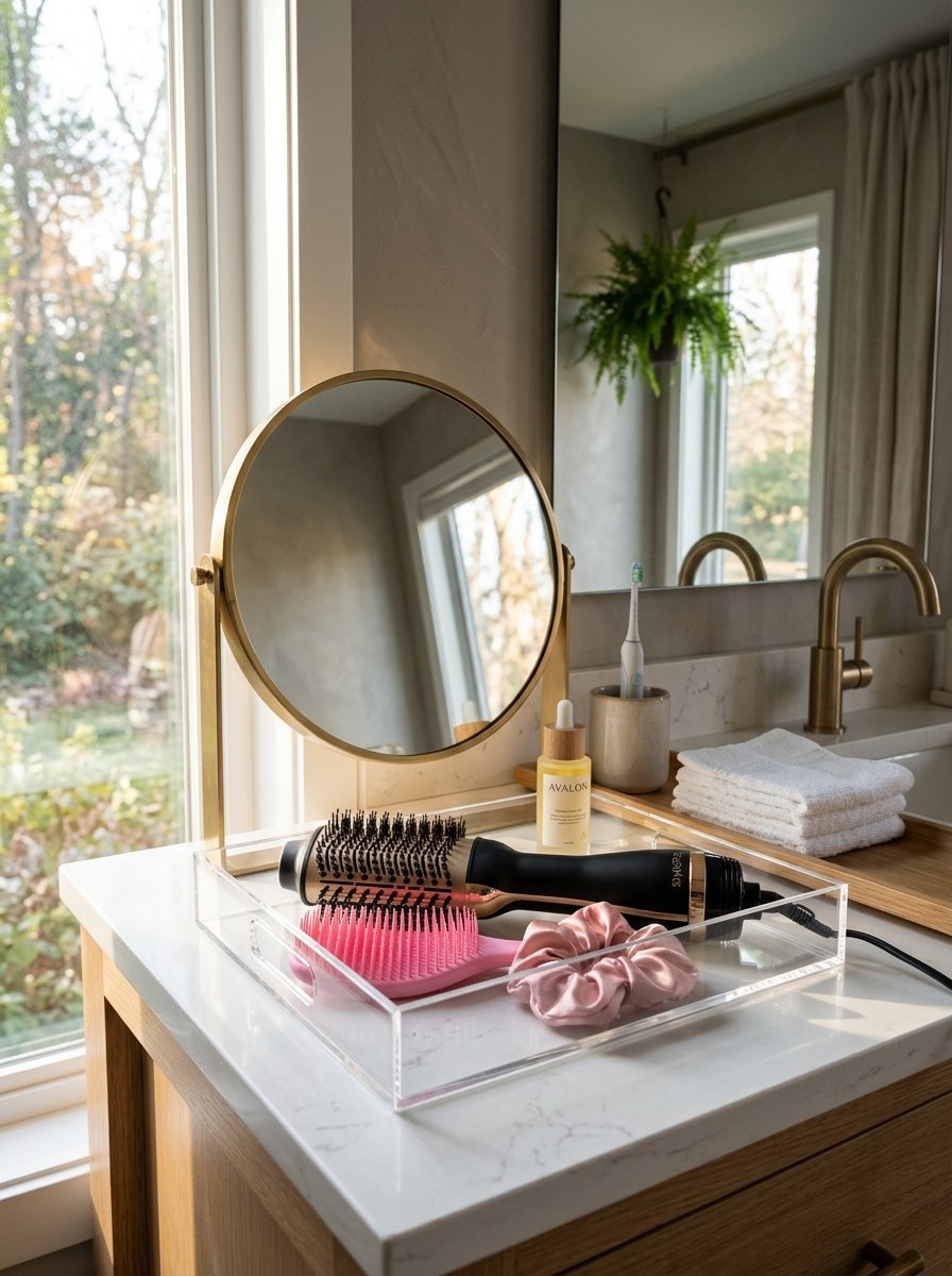 Round gold mirror on a bathroom counter with a hair dryer brush, pink brush, serum, and scrunchie in an acrylic tray.