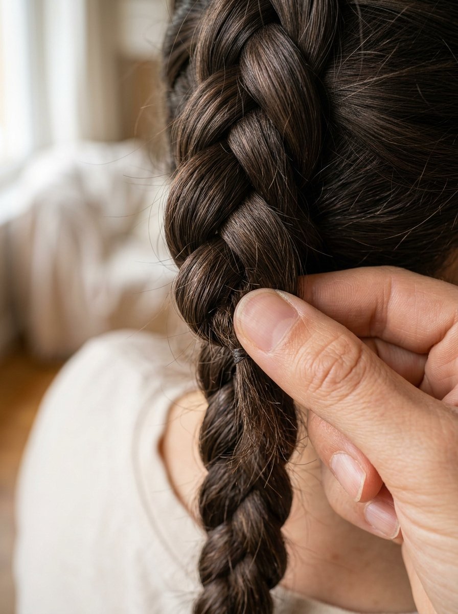 Close up view of a hand touching a neatly styled dark brown plait on a person's head.