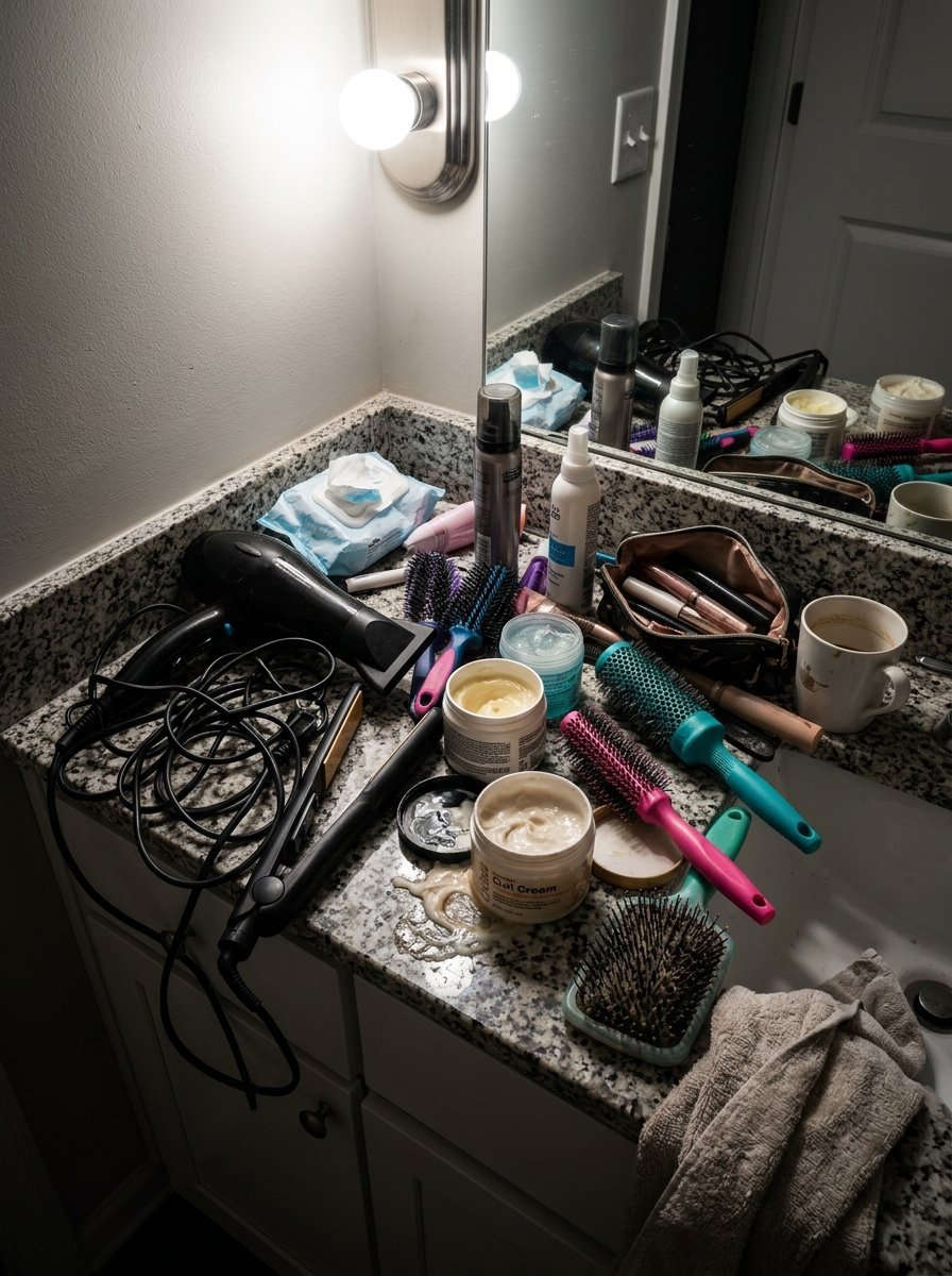 Cluttered bathroom sink area with a hairdryer, curling iron, hairbrushes, and skin creams scattered on marble surface.