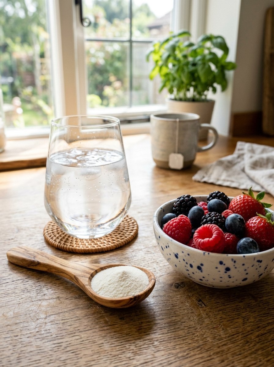 Wooden spoon with white supplement powder next to a speckled bowl filled with raspberries, blueberries, and strawberries.