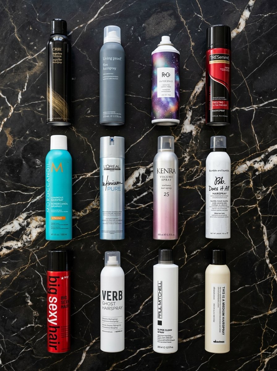 Twelve different brands of hairspray bottles arranged in a grid on a black marble countertop.