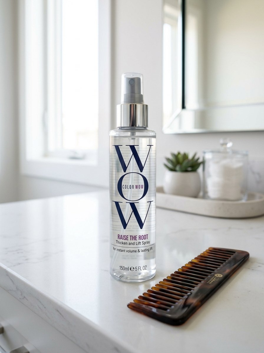 A bottle of Color Wow thickener spray sitting on a white bathroom counter next to a tortoise shell hair comb.