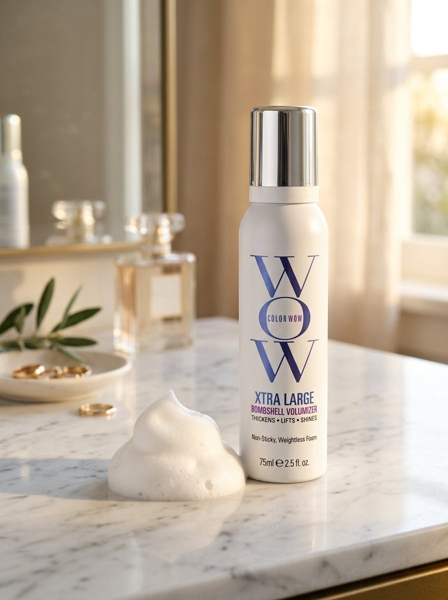 A bottle of hair volumizing foam with a dollop of white lather sitting on a marble countertop.
