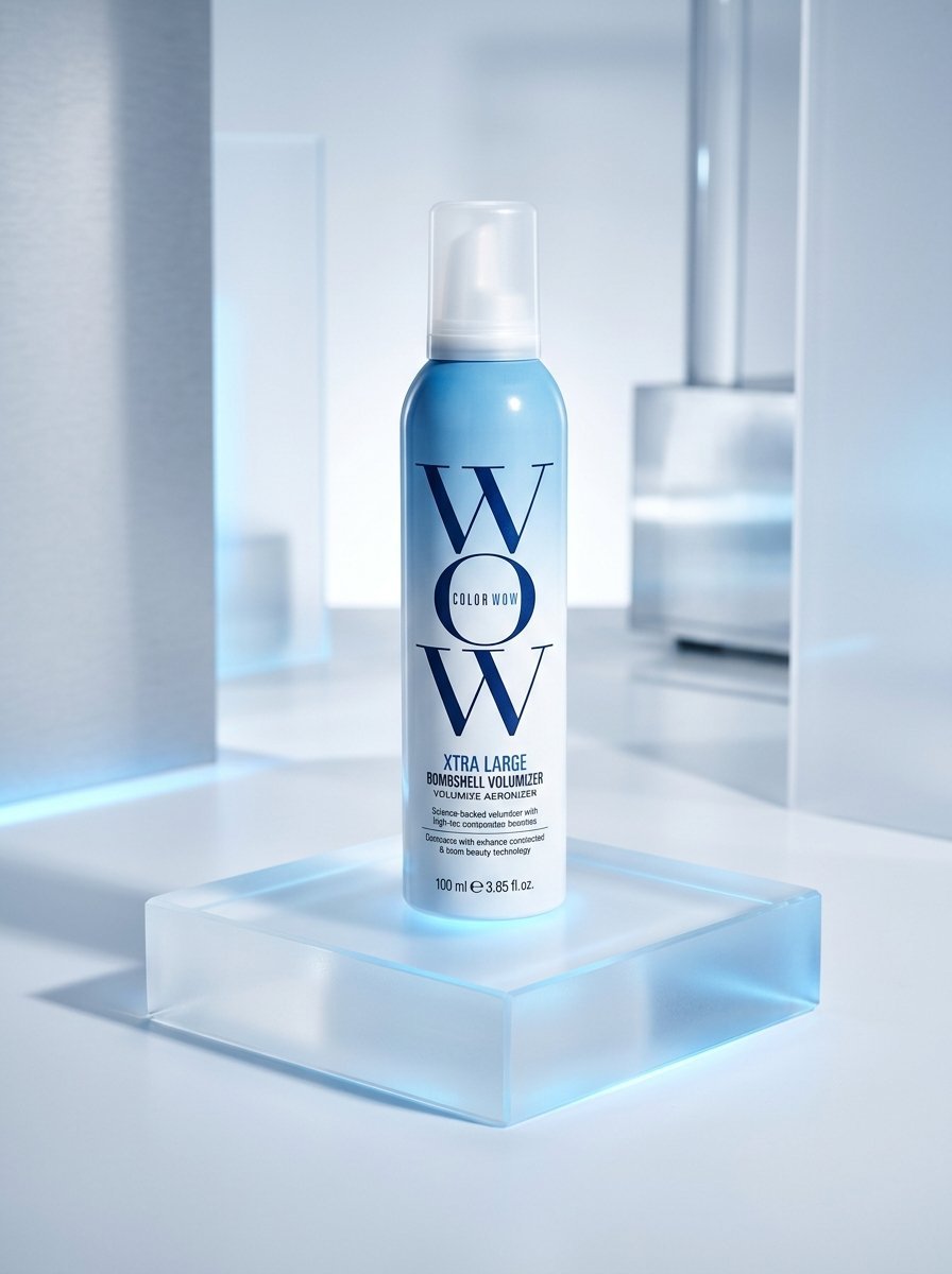 A blue and white aerosol can of Color Wow hair volumizer sitting on a frosted glass pedestal.
