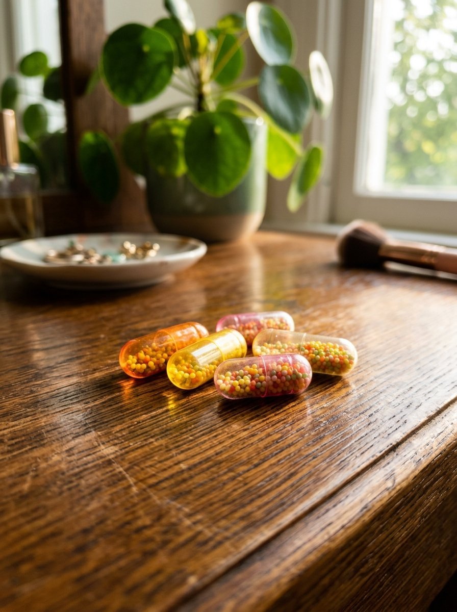 Close up of clear pill capsules filled with tiny vibrant spheres resting on a rustic wooden vanity surface.