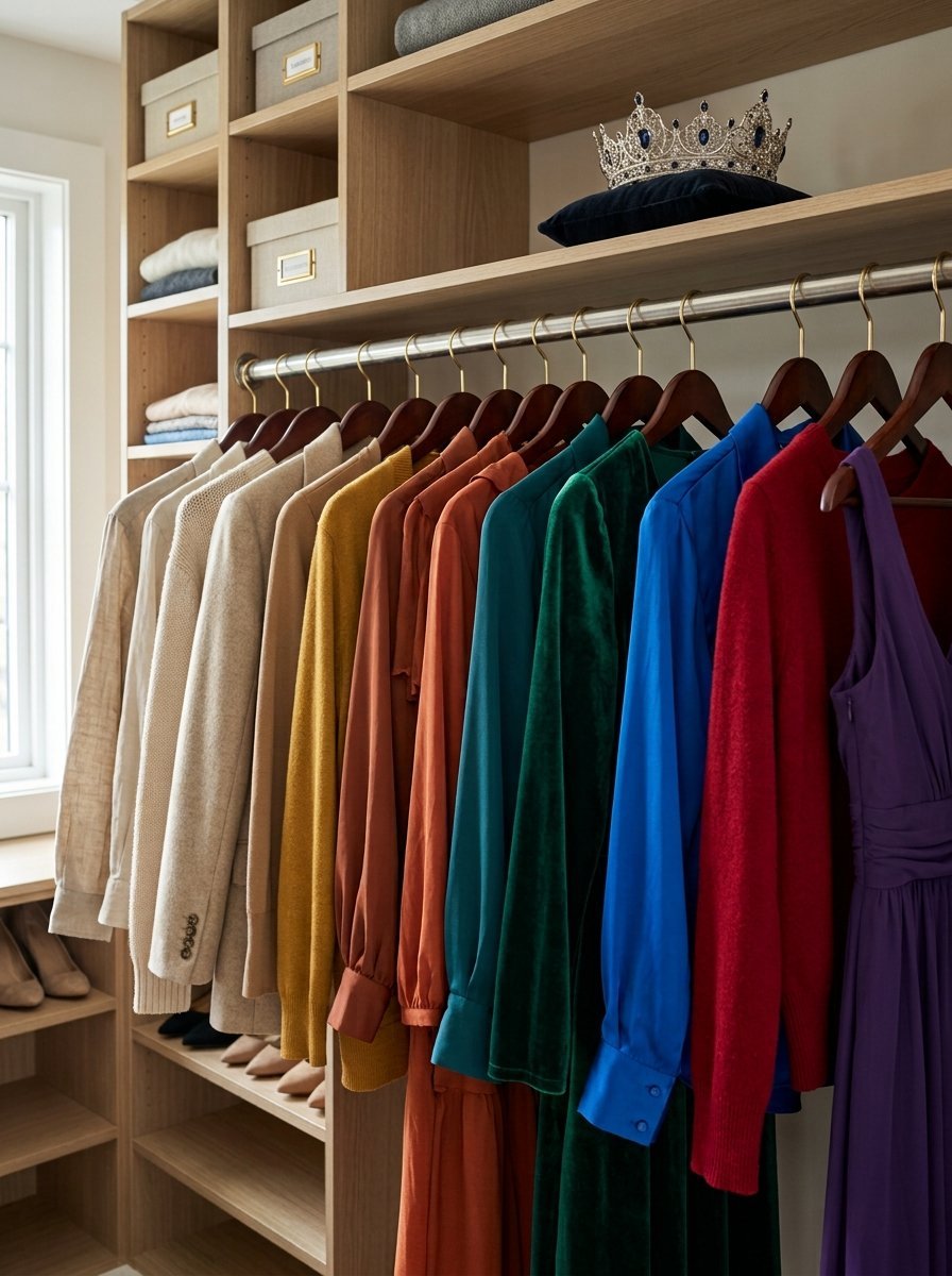 Close-up of a closet rod holding sweaters and dresses in a color gradient with a jeweled crown on the top shelf.
