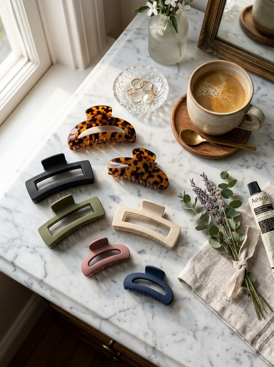 Collection of various matte and tortoiseshell hair claw clips arranged on a white marble table.