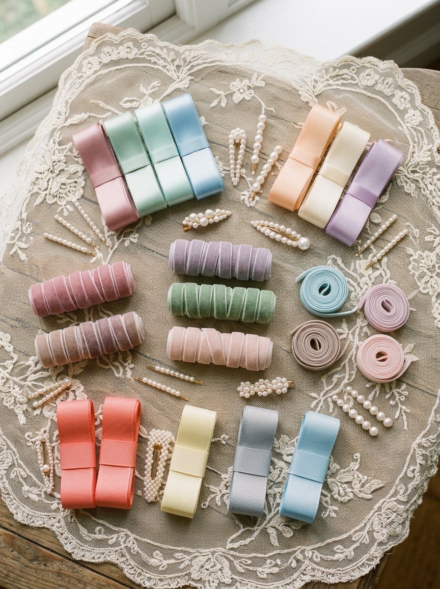 Collection of velvet and satin ribbon spools paired with pearl-embellished hairpins on a lace tablecloth.