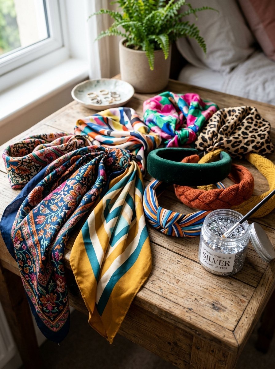 Collection of floral, geometric, and leopard print scarves next to various fabric headbands and a jar of silver glitter.