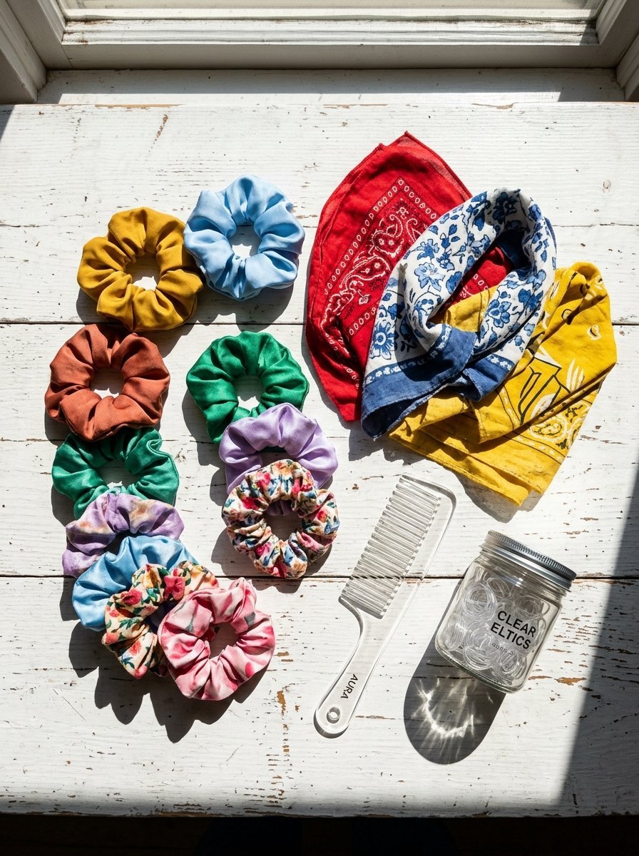 An assortment of fabric hair scrunchies, two bandanas, a clear comb, and a jar of small clear hair ties.