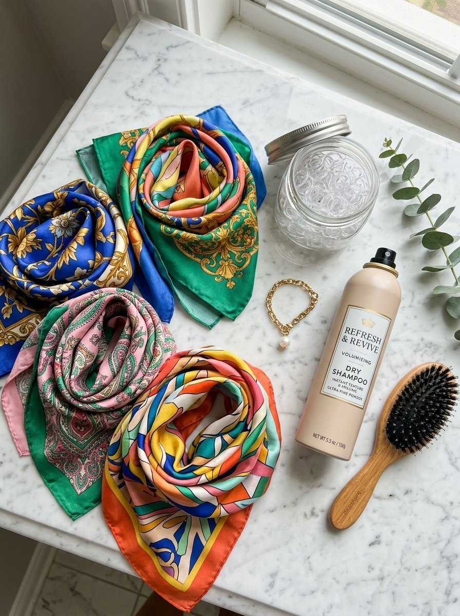 Four folded silk scarves arranged next to dry shampoo, a hairbrush, and a container of hair ties on marble.